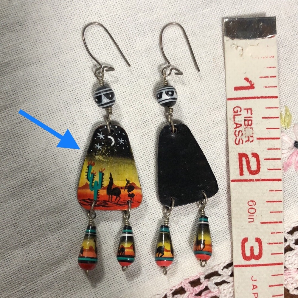 Handmade Earrings Painted Mexico Llama Moon Drop Dangle - Picture 2 of 2